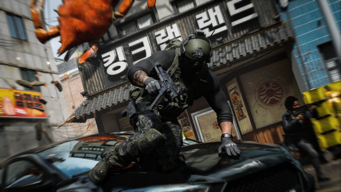 An Operator moves through a dense urban street filled with signs, debris, and combat action.